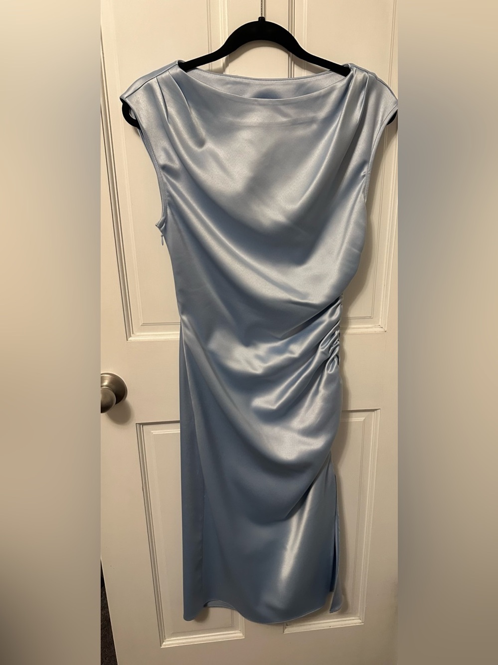 BHLDN Francesca High-Neck Stretch Satin Dress | Size Small | Petite | Light Blue